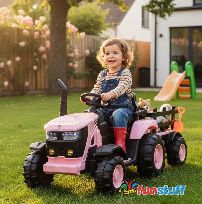 Turbo Harvest 12V Kids Electric Tractor with Trailer - Pink