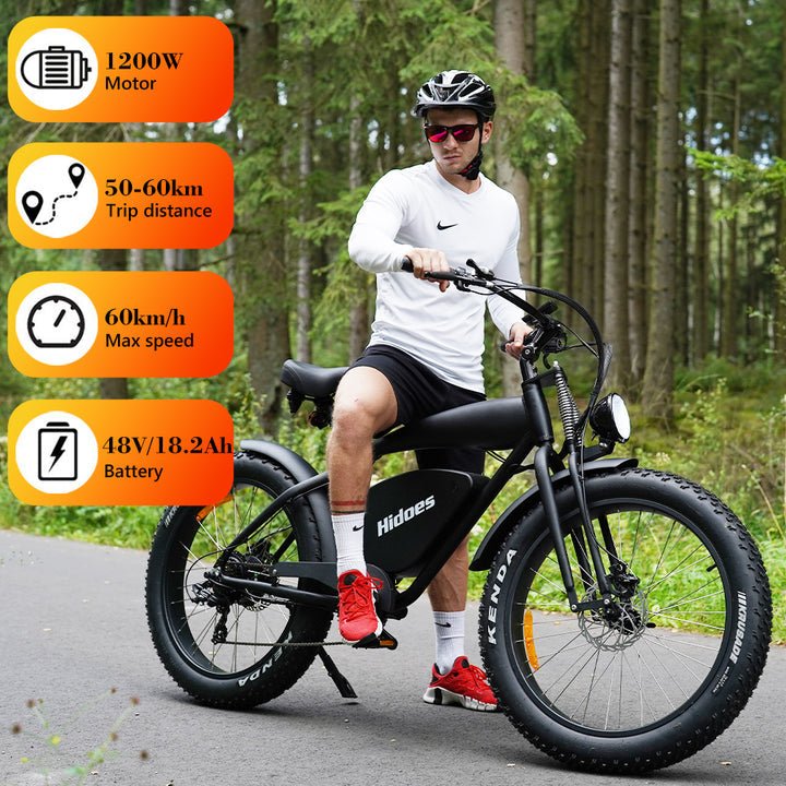 A person in athletic wear sits on a black Hidoes electric bike on a forest path. Infographics highlight features: 1200W motor, 50–60 km trip distance, 60 km/h max speed, and 48V/18.2Ah battery.