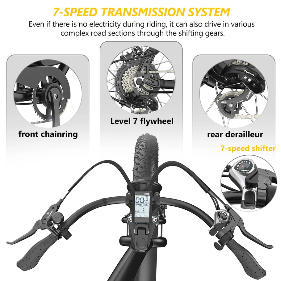 Diagram showing a 7-speed bicycle transmission system, highlighting the front chainring, level 7 flywheel, rear derailleur, and 7-speed shifter with labeled circles and a view of the handlebars with a display screen.