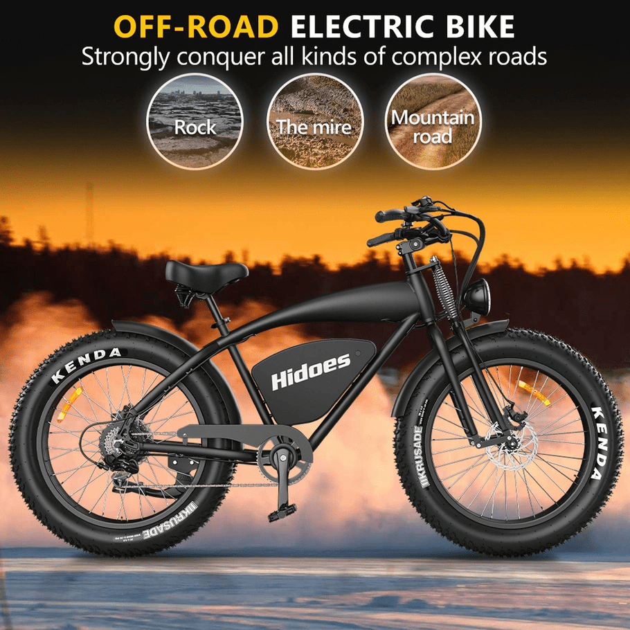 An off-road electric bike with thick tires is shown against a dramatic outdoor background. Text highlights its ability to conquer rock, mire, and mountain roads. The bike brand Hidoes is visible on the frame.