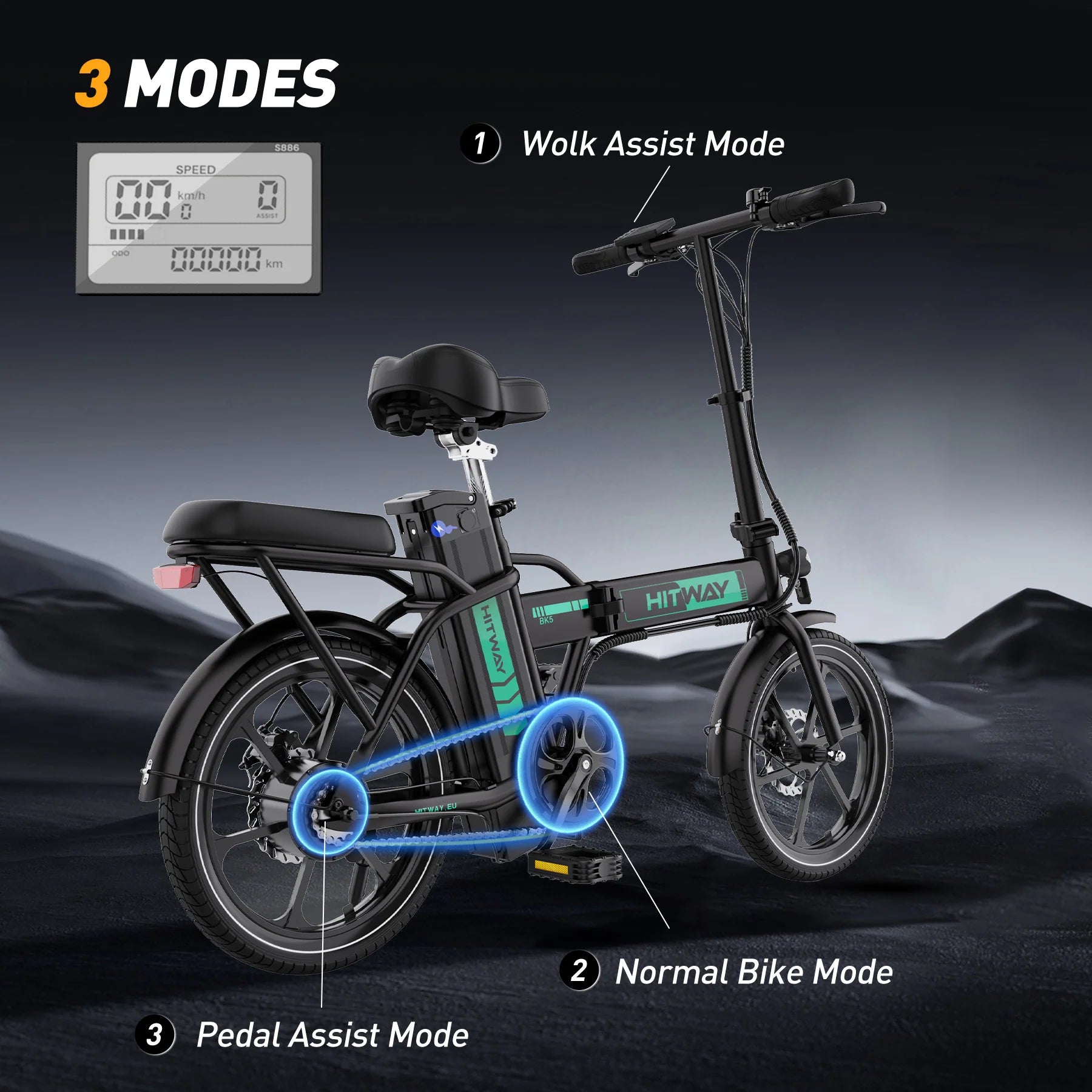 A black HITWAY electric bike is shown with labeled features. Three riding modes are highlighted: Walk Assist Mode, Normal Bike Mode, and Pedal Assist Mode. An LCD display shows speed and battery details.