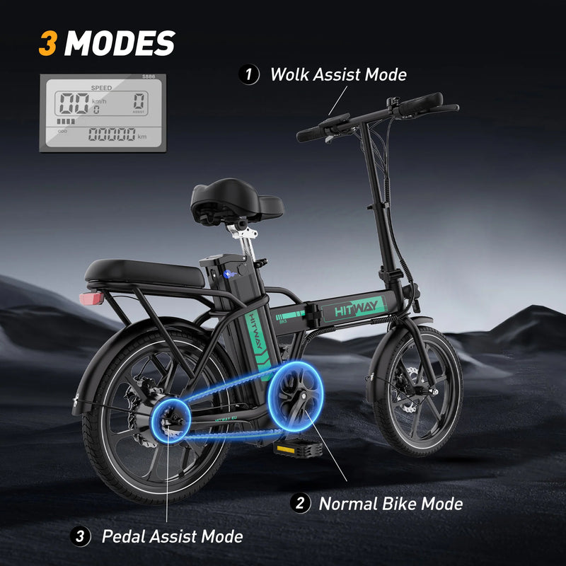 A black HITWAY electric bike is shown with labeled features. Three riding modes are highlighted: Walk Assist Mode, Normal Bike Mode, and Pedal Assist Mode. An LCD display shows speed and battery details.