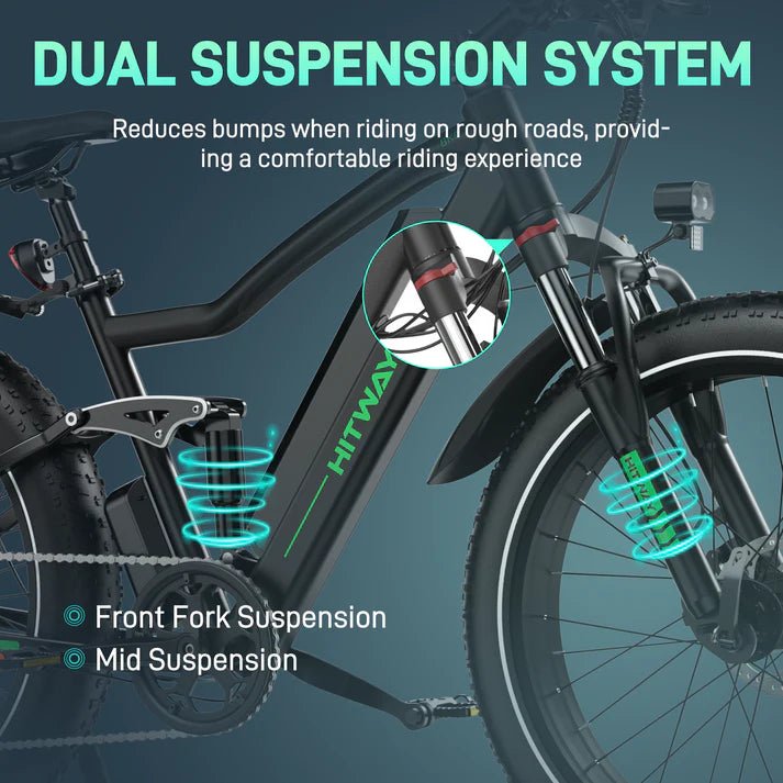 Infographic of a black electric bike highlighting its dual suspension system. Blue lines emphasize the front fork and mid suspension with text explaining the benefits for a smoother ride on rough roads.