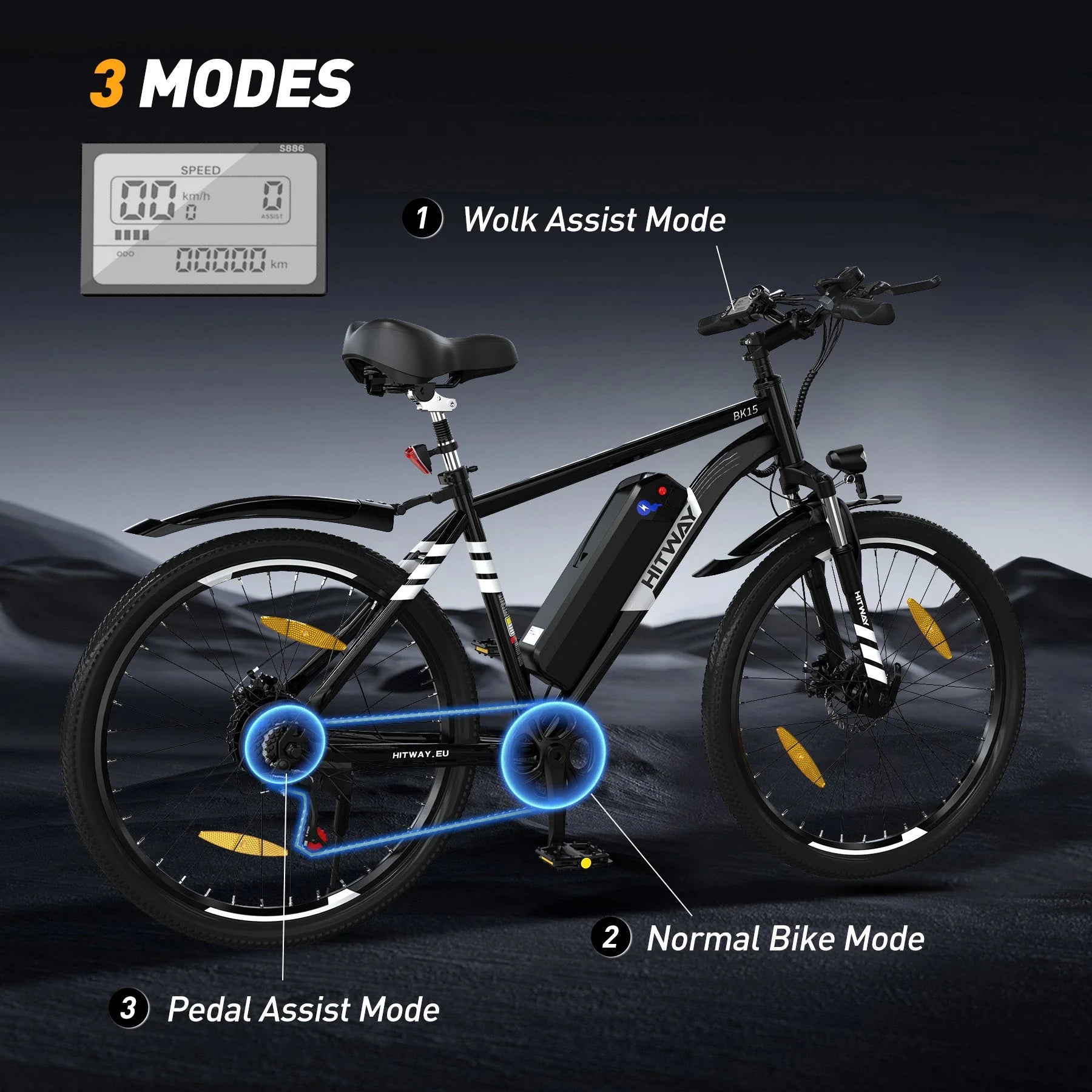 A black electric bike is shown on a dark landscape with a digital display. Text highlights three modes: Walk Assist, Normal Bike, and Pedal Assist. Blue highlights indicate the bikes power system and features.