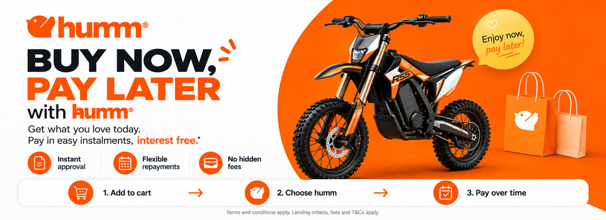 Promotional banner for Humm electric dirt bikes featuring a black and orange dirt bike on an orange and white background with text reading 'BUY NOW, PAY LATER with humm' and step-by-step payment instructions.