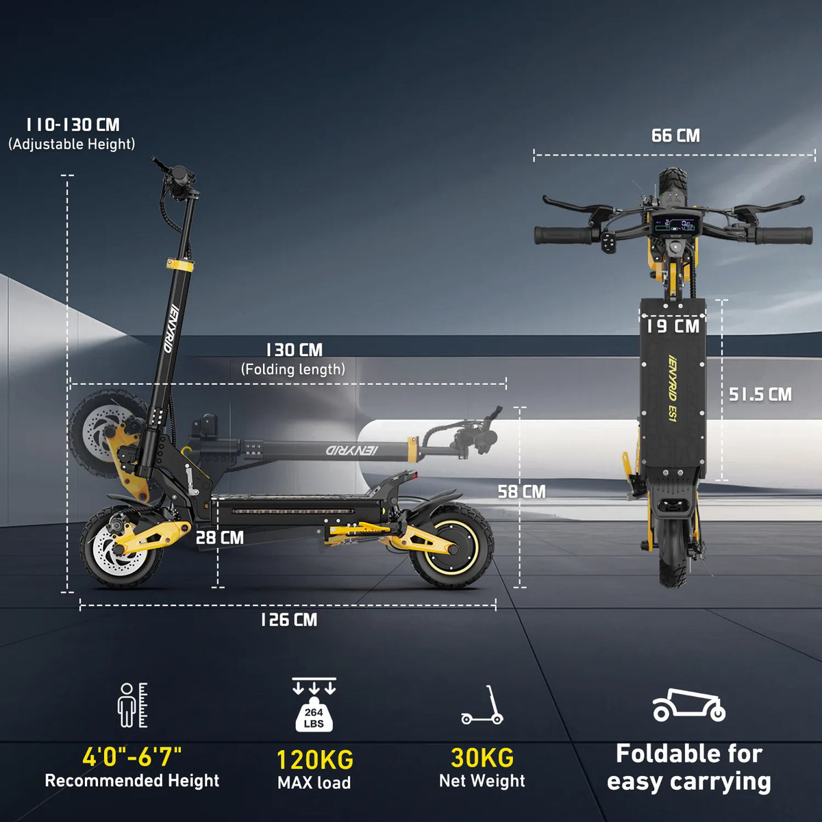 iEnyrid ES1 Dual Motor Electric Scooter size and dimensions
