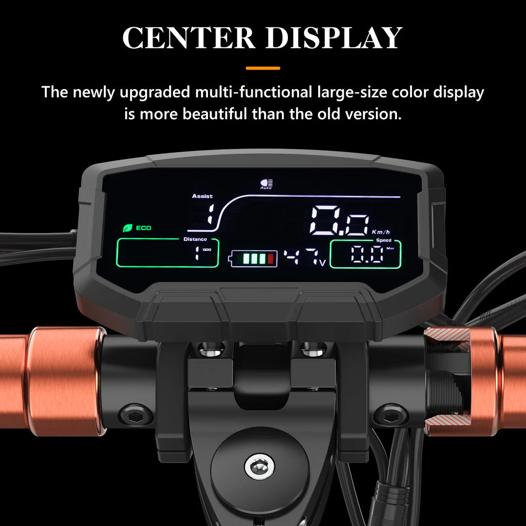 Close-up of a digital bike dashboard display mounted on handlebars, showing speed, battery level, assist mode, and ride data. The screen is described as a newly upgraded, large-size, multi-functional color display.