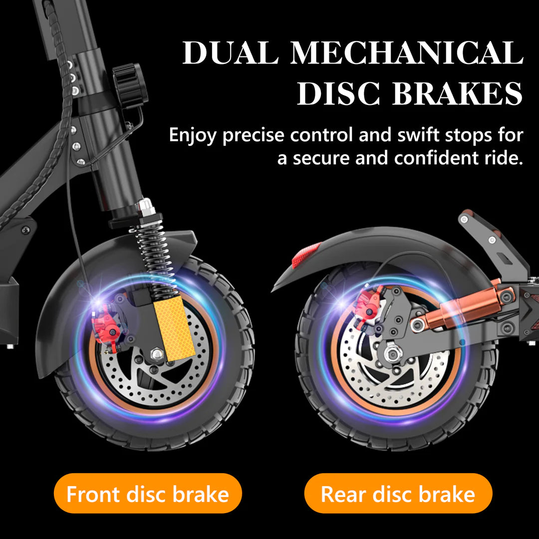 Close-up of an electric scooter’s front and rear wheels, highlighting glowing dual mechanical disc brakes. Text explains the benefit of precise control and swift stops, with labels for the front and rear disc brakes.