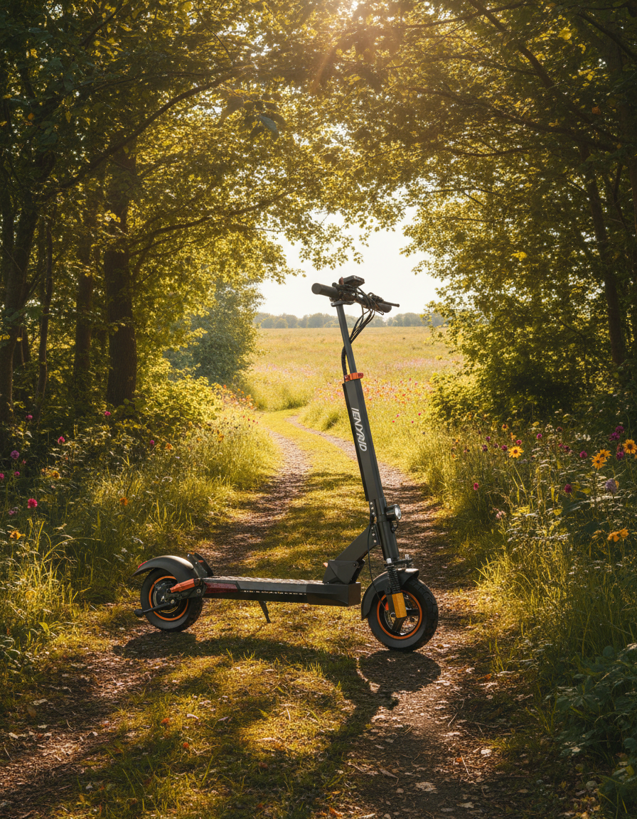 iENYRID M4 Pro S+ Electric Scooter on a path surrounded by trees and flowers