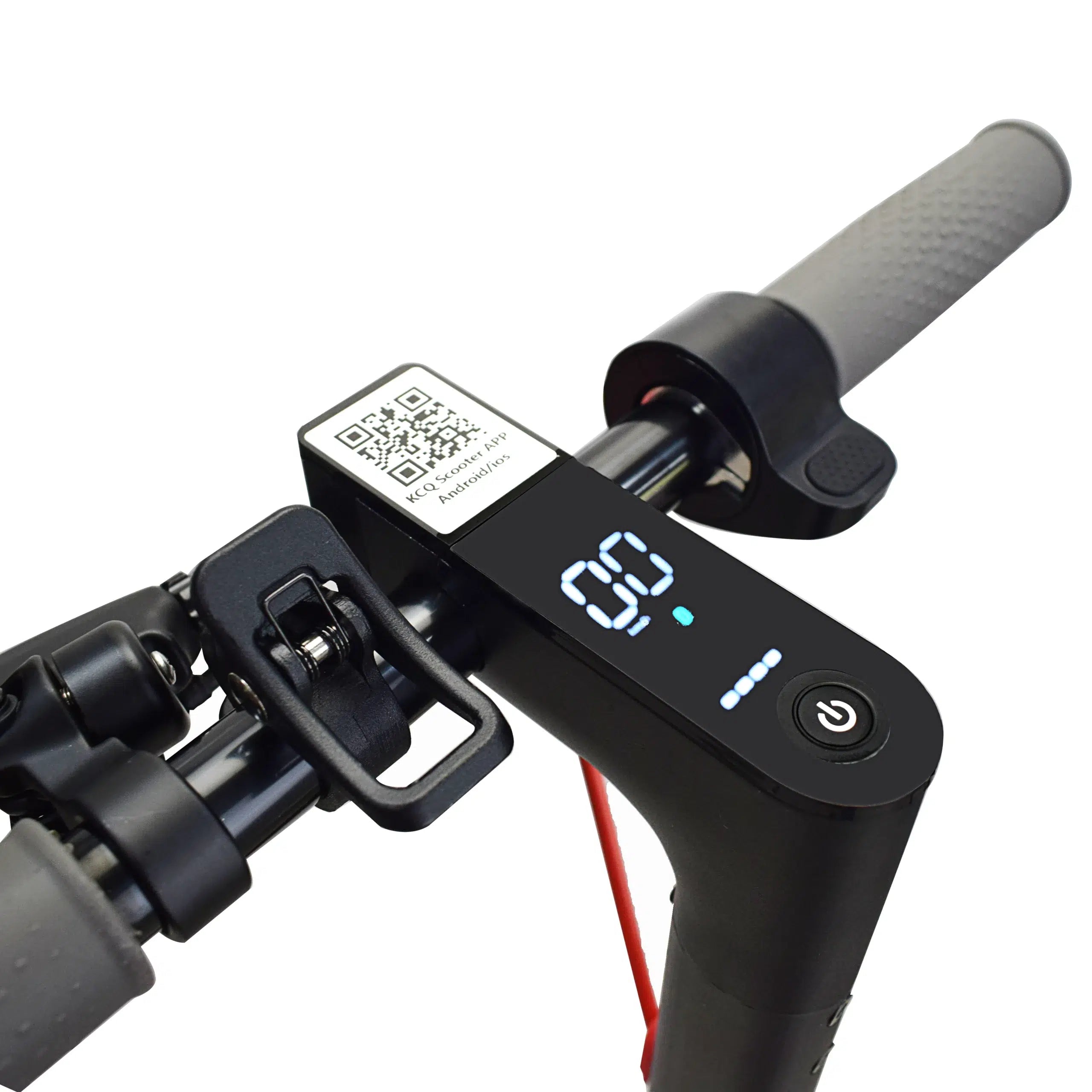 Close-up of iWheels D8 Pro electric scooter handlebar showing digital display and QR code sticker on a white background