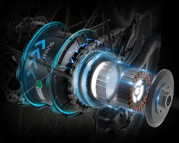 A digital rendering of a Bafang electric bicycle motor hub, showing detailed internal components with blue glowing highlights emphasizing the motor’s structure and mechanical parts.