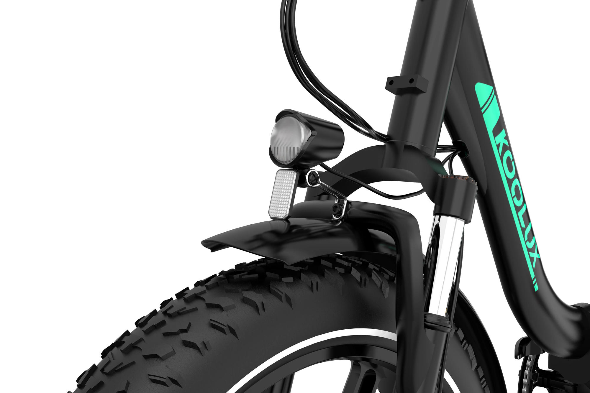 Close-up of the front section of a black bicycle featuring a thick, knobby tire, a small front fender, a mounted headlight, and part of the frame with the teal Koolux logo visible.