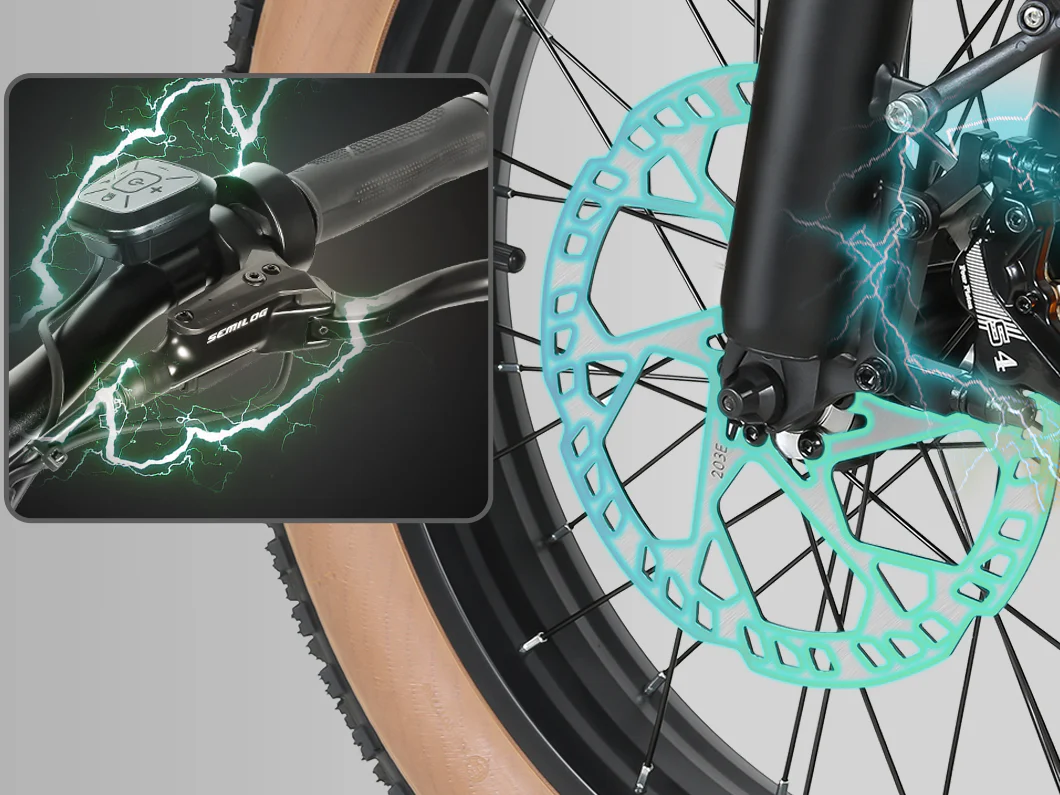 Close-up of a bicycle’s front wheel with a glowing disc brake and blue electric sparks. An inset highlights the handlebar brake lever, also surrounded by electric effects, suggesting an advanced braking system.