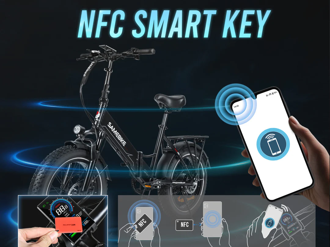 A black electric bike labeled SAMEBIKE is shown with blue NFC waves. Inset images highlight an NFC key card and a smartphone unlocking the bike using NFC technology. Text reads: NFC SMART KEY.