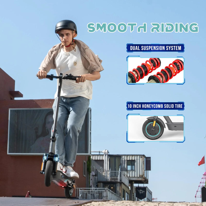 A person wearing a helmet rides an electric scooter on a city street. Text highlights features: Smooth Riding, Dual Suspension System, and 10 Inch Honeycomb Solid Tire, with images showing the suspension and tire.