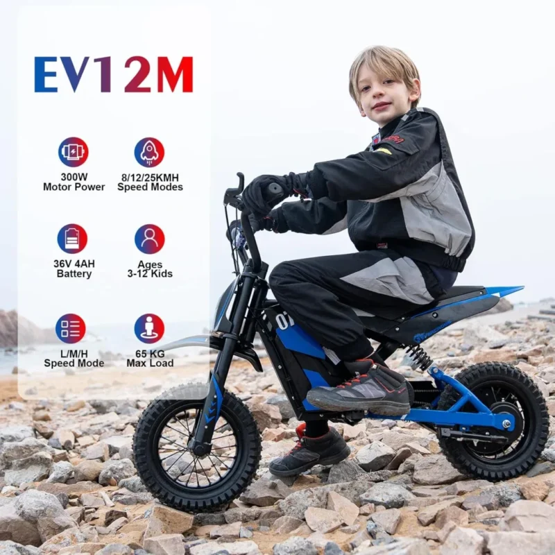 A young child wearing a black and gray outfit sits on a small blue electric dirt bike outdoors. Text on the left lists its specs: 300W power, 8/12/25 KMH modes, 36V battery, for ages 3–12, up to 65kg load.