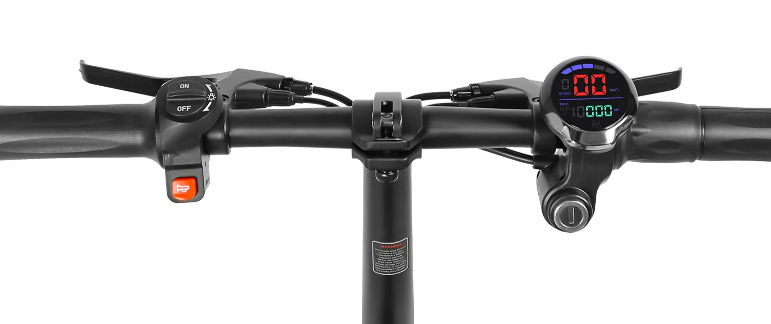 Close-up of an electric scooter handlebar, featuring a digital display, throttle, control buttons, and hand grips, all against a white background.