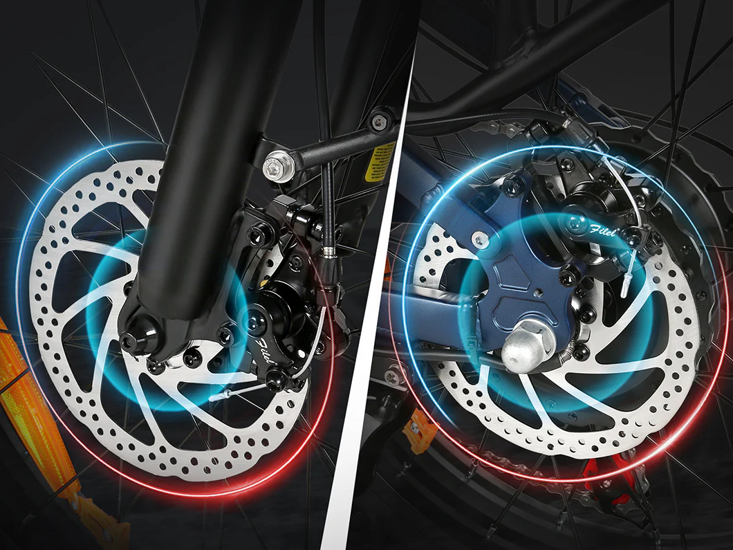 Close-up of two bicycle disc brake systems side by side, with glowing blue and red highlights emphasizing their features. The left side shows a black fork, and the right side shows a blue brake caliper.