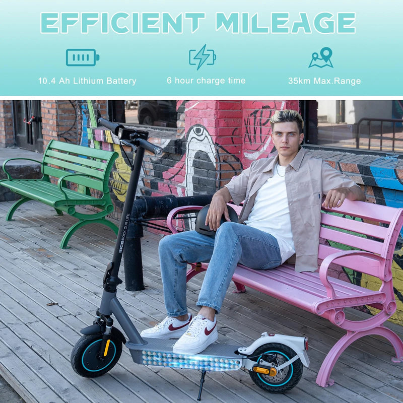 A young person sits on a pink bench next to an electric scooter on a boardwalk. Above are icons and text: Efficient Mileage, 10.4 Ah Lithium Battery, 6 hour charge time, 35km Max. Range.