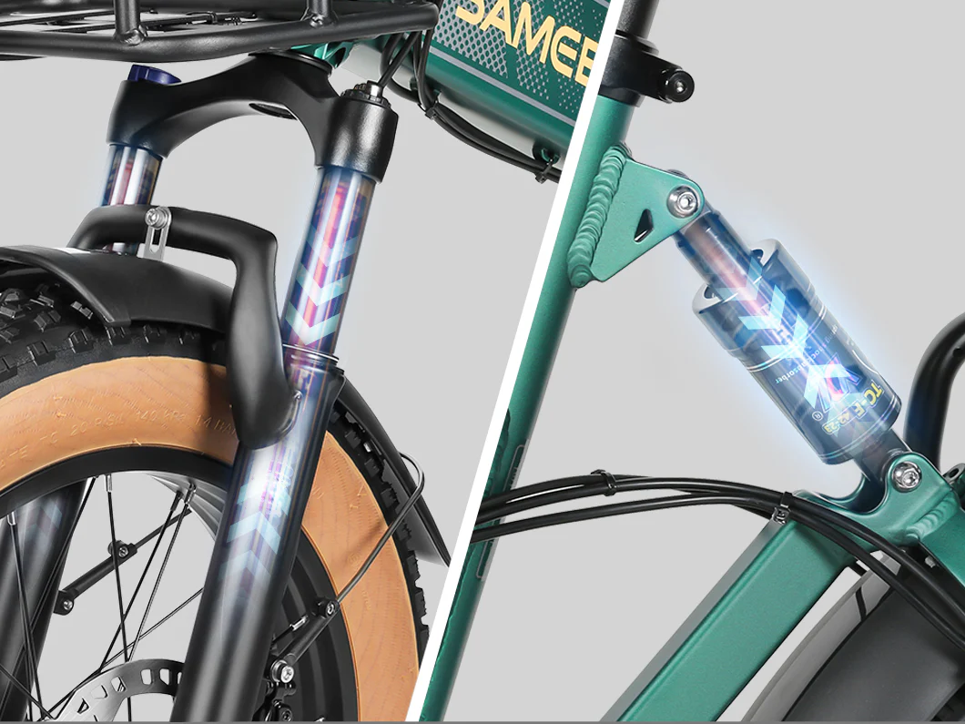 Close-up of a bike’s suspension system, highlighting the front fork and rear shock absorbers with a glowing, stylized pattern to show advanced shock absorption technology.