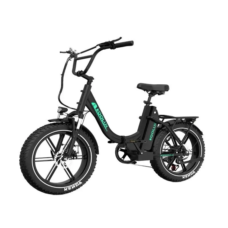 A black electric bicycle with thick tires, a step-through frame, and front and rear fenders. The bike has KOOLUX branding on the frame and features disc brakes and a rear cargo rack.