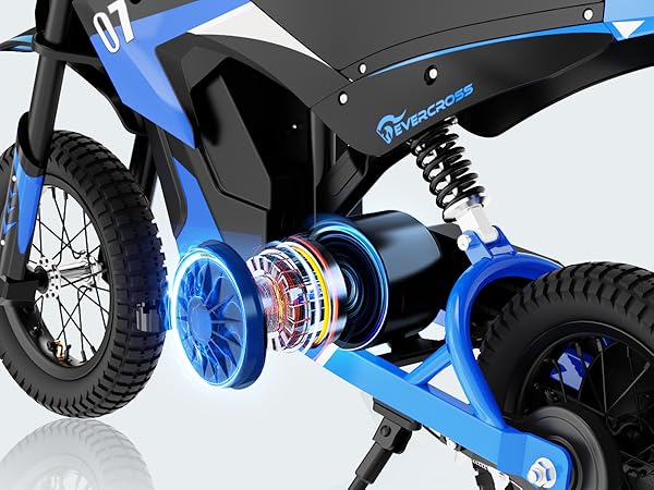 Close-up of a blue electric bike, highlighting its exposed motor and suspension system with a glowing, stylized effect to emphasize the motors components.