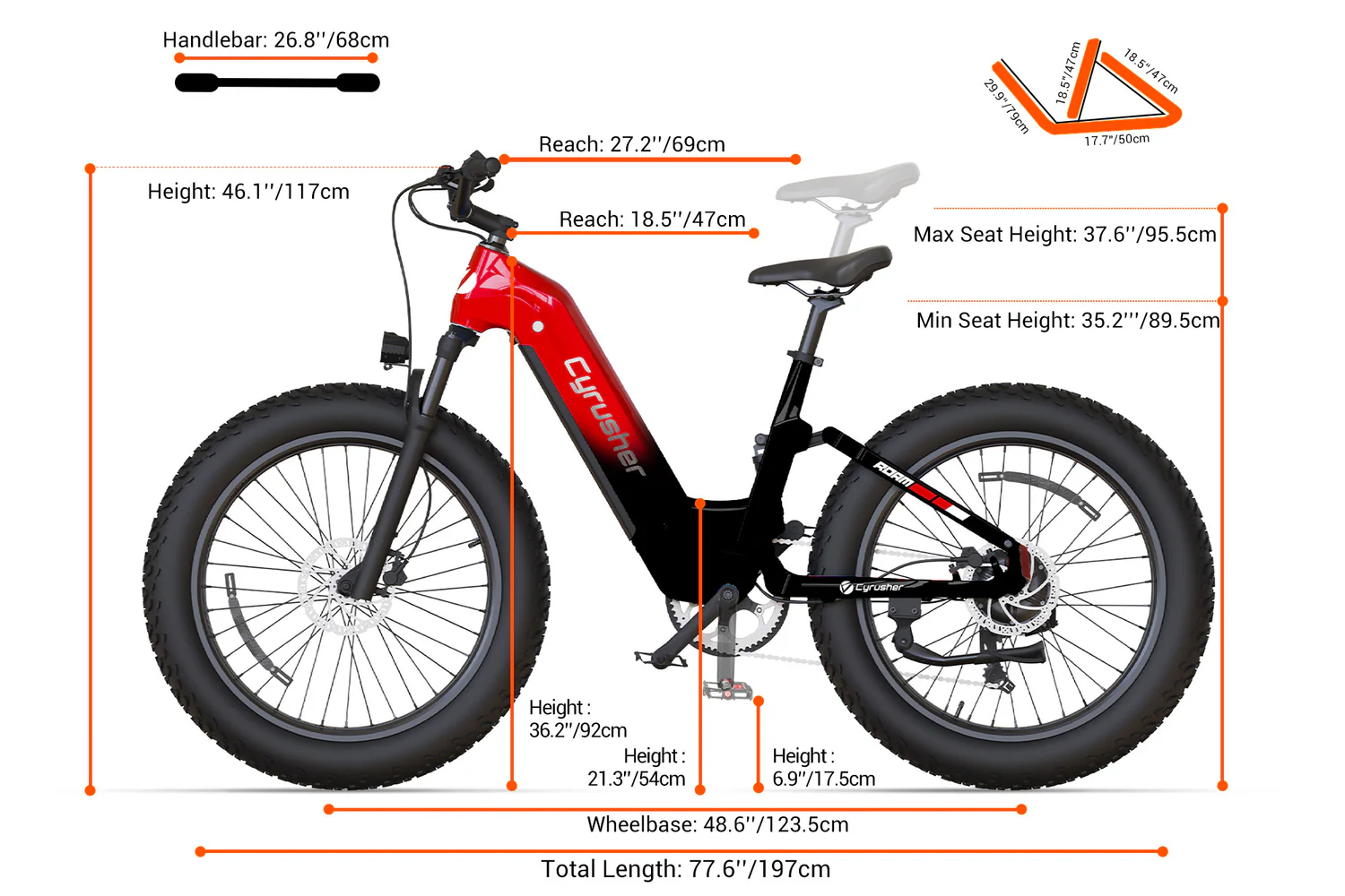 Side view of a black and red electric bike with thick tires, showing detailed measurements of its parts, including handlebar width, seat heights, reach, height, wheelbase, and total length.