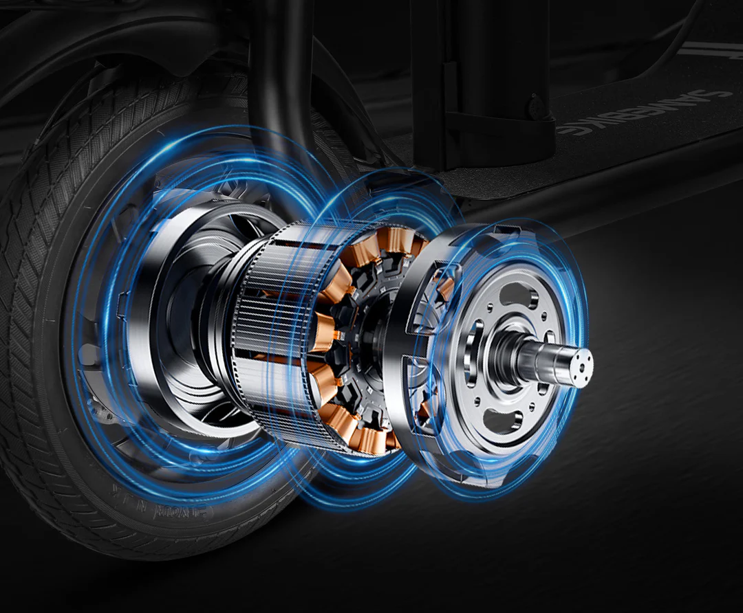 A close-up digital illustration of an electric scooter wheel, highlighting the internal motor components with glowing blue accents to show energy and motion.