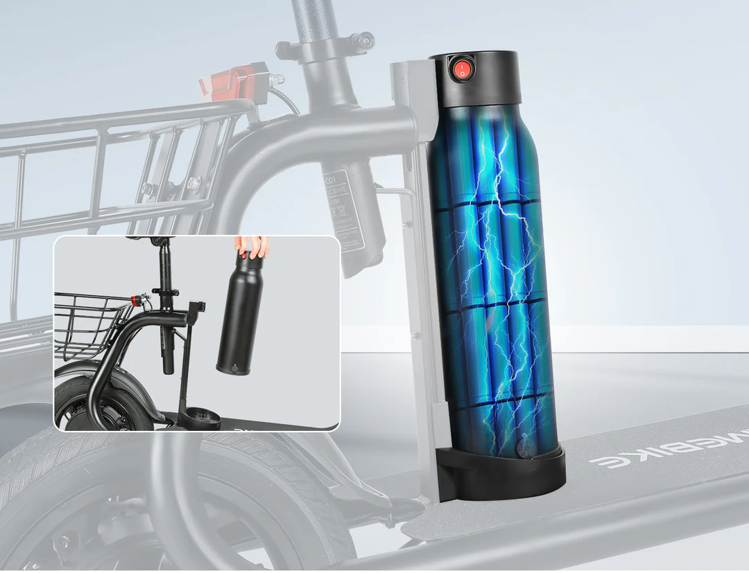 A close-up of a blue, lightning-patterned, cylindrical battery partially inserted into an electric bike frame, with an inset showing a hand removing the battery from the bike.