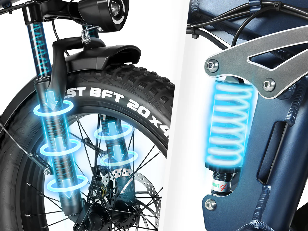 Close-up of a bicycle’s front and rear suspension systems, highlighted with blue glowing effects to emphasize the shock absorbers, with large tires and part of the frame also visible.