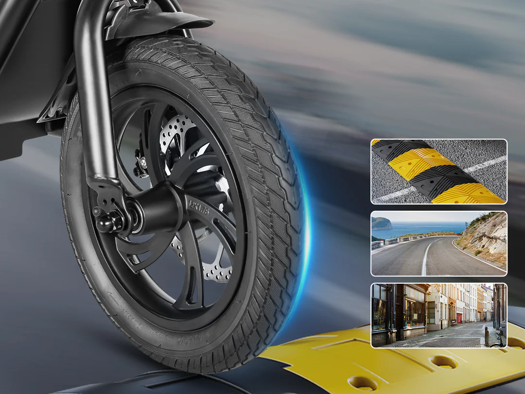 A close-up of a scooter wheel rolling over a yellow speed bump, with three inset images showing different types of speed bumps on roads and city streets.