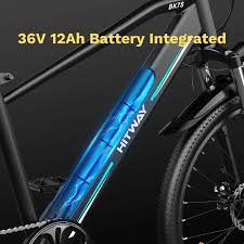 A close-up of a black HITWAY electric bicycle showing its integrated blue 36V 12Ah battery within the frame. Yellow text above reads, 36V 12Ah Battery Integrated.