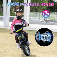 A young child wearing a helmet and protective gear rides a small electric dirt bike on grass. Text highlights 300W POWERFUL MOTOR and 25 KM/H Max Speed with an image representing the motor.