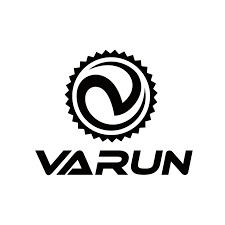 Black and white logo with a circular emblem featuring a stylized V inside a gear-like shape above the bold, uppercase text VARUN on a white background.