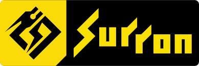 Yellow and black Sur Ron logo with stylized rider icon on a split yellow and black background