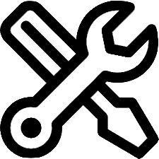 Black outline of a wrench and screwdriver crossed over each other on a white background