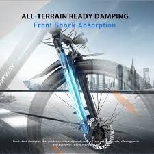 A close-up of a bicycle front wheel and suspension fork, highlighting its all-terrain damping and front shock absorption features, with a cityscape background and descriptive text overlay.