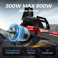 Close-up image of an electric scooter wheel with text highlighting its features: 500W max 800W motor power, three-speed control (10, 15, 25 km/h), 10-inch solid tires, and a 15-degree climbing angle.