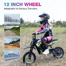 A child in full protective gear rides a small electric dirt bike outdoors. Text reads 12 inch wheel and Adaptable to various terrains with images of different landscapes beside the rider.