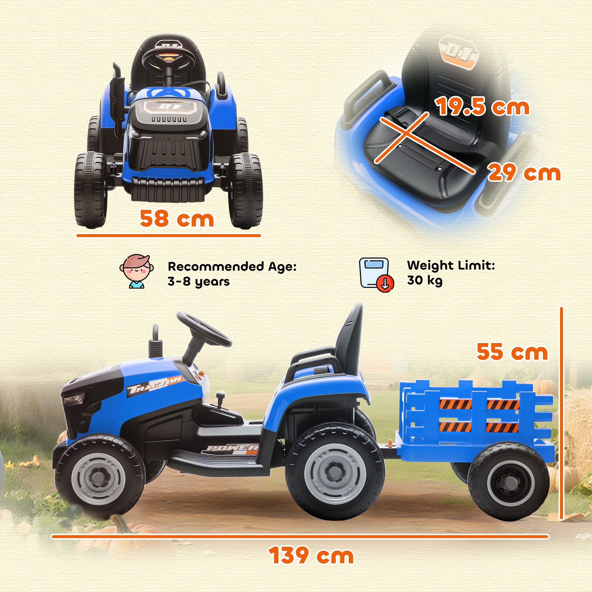 AIYAPLAY 12V Kids Ride-On Tractor with Trailer