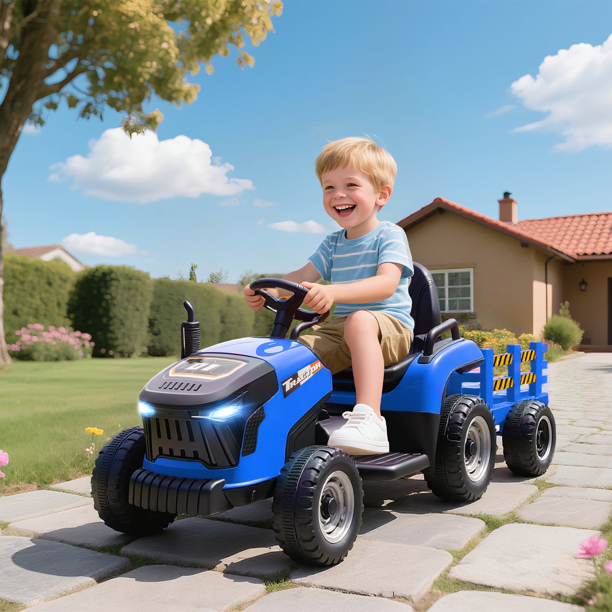 AIYAPLAY 12V Kids Ride-On Tractor with Trailer