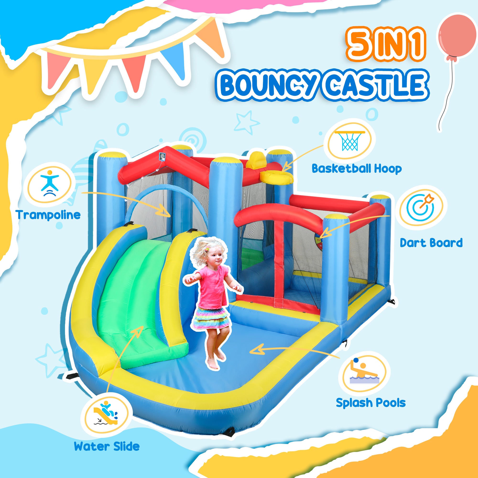 AIYAPLAY Bouncy Castle with Long Slide & Dart Board