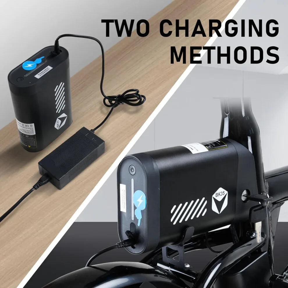 A black e-bike battery is shown charging in two ways: removed from the bike and plugged into a wall, and attached to the bike frame. The text reads TWO CHARGING METHODS.