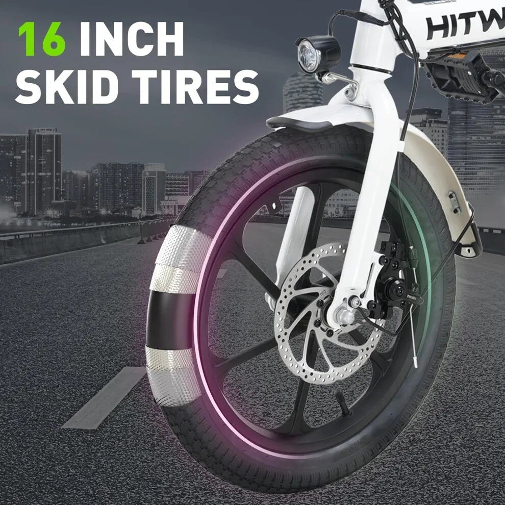 Close-up of a white bicycle’s front wheel with 16-inch skid tires. City buildings and a road are in the background. Text on the image reads, 16 INCH SKID TIRES.