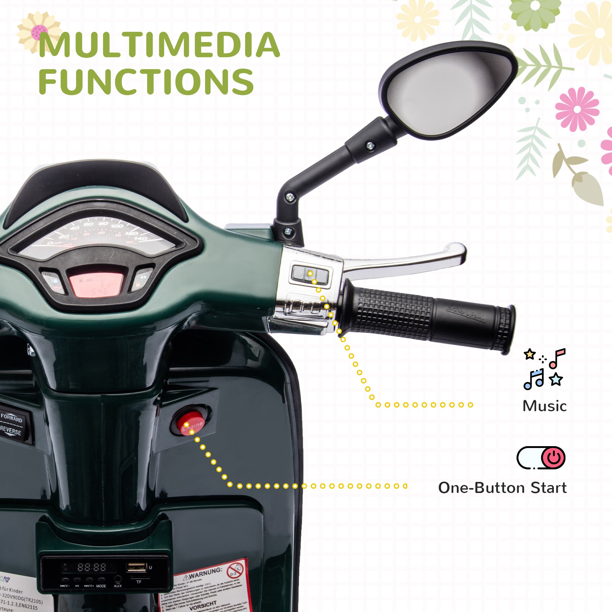 AIYAPLAY Vespa 12V Kids Electric Motorbike - Dark Grey