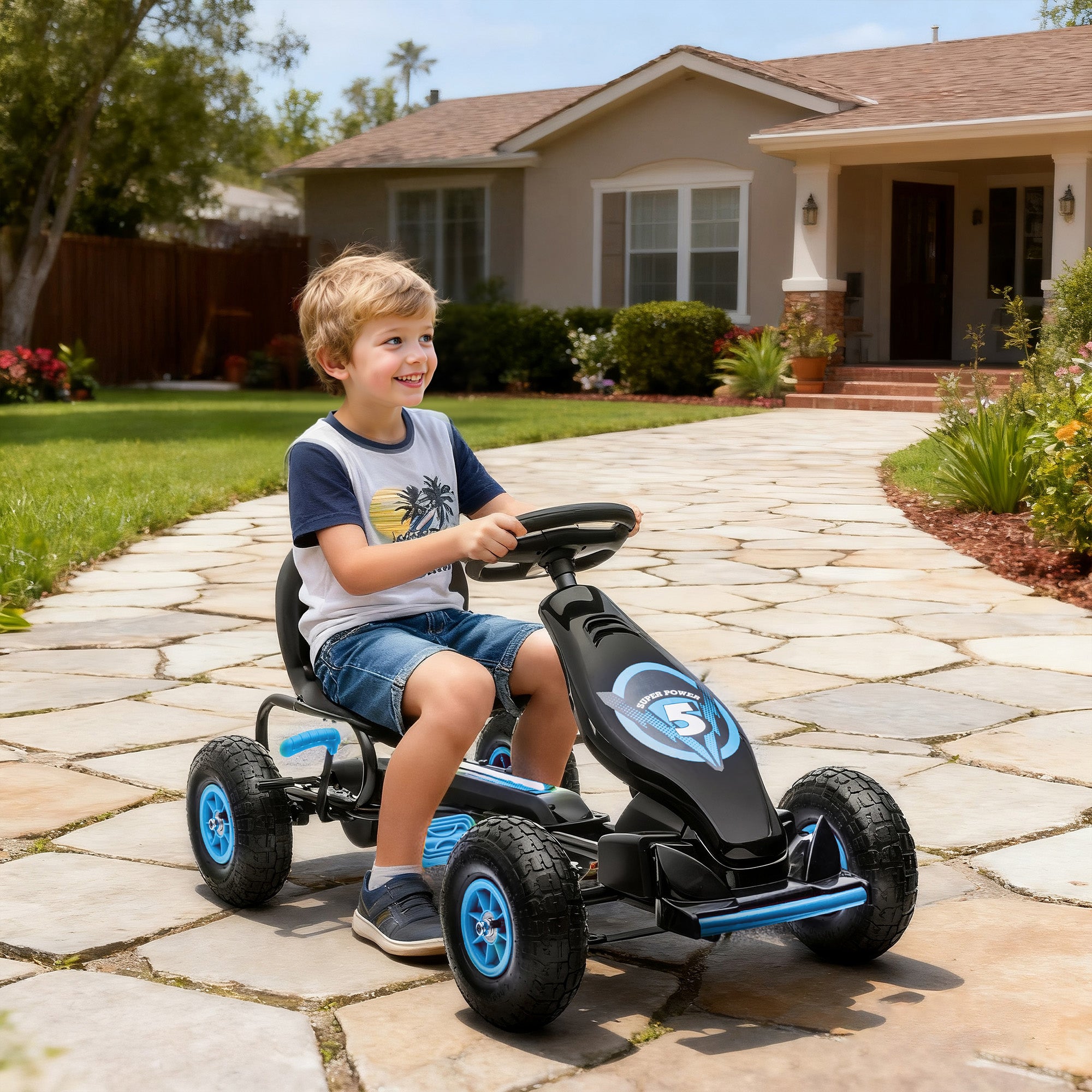 HOMCOM Kids Go Kart Adjustable Seat Inflatable Tyres