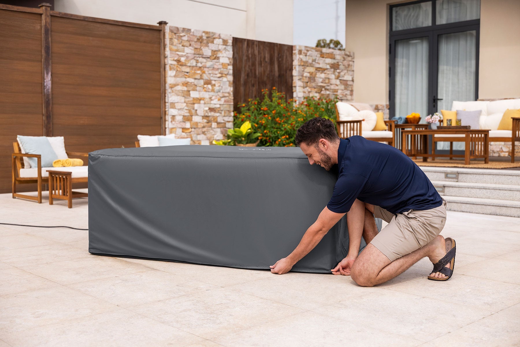Lay-Z-Spa Stockholm thermal cover being secured