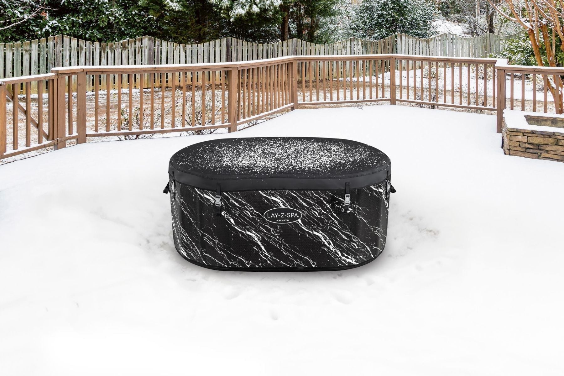 Lay-Z-Spa Glacial Dip Pro covered ice bath in winter conditions