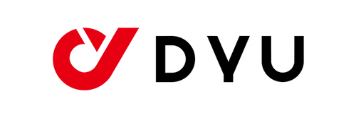 The image shows the DYU logo, featuring a stylized red circular design with a check mark, next to the bold black letters DYU on a light gray background.