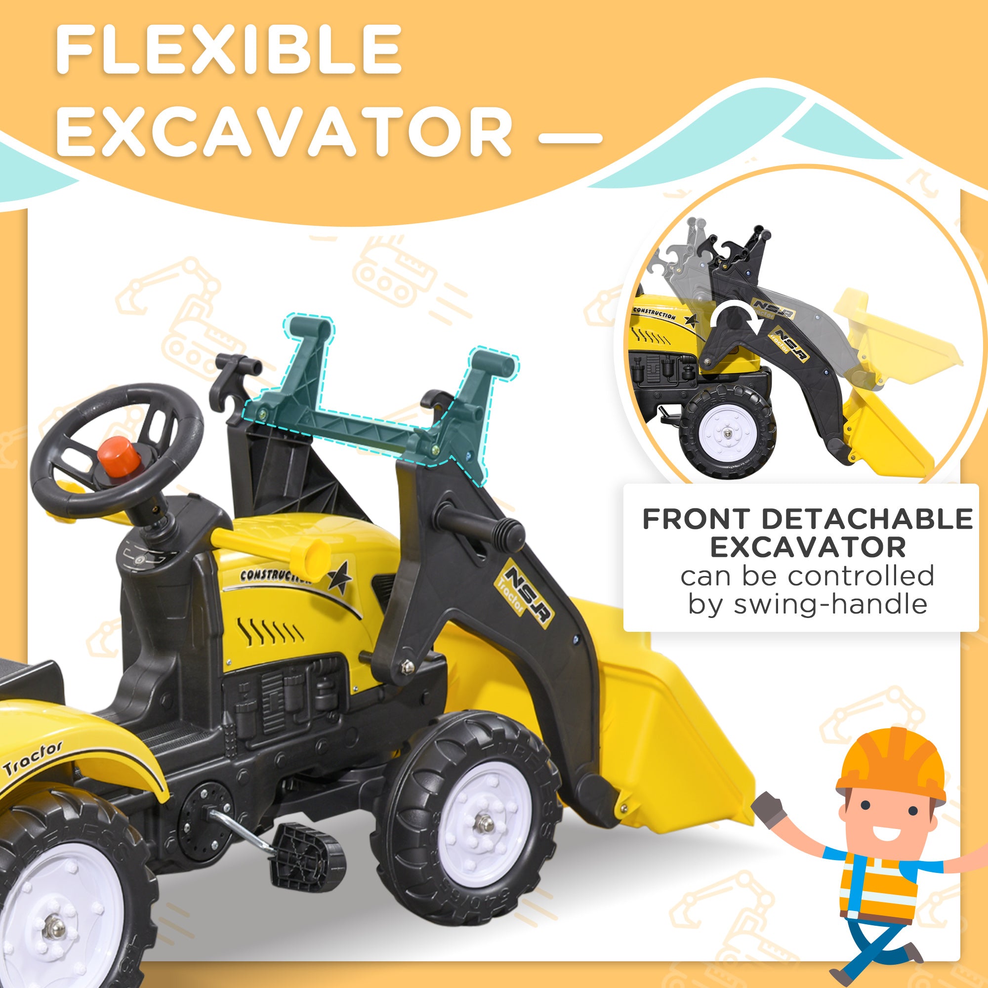 HOMCOM Kids Pedal Go Kart Excavator Yellow